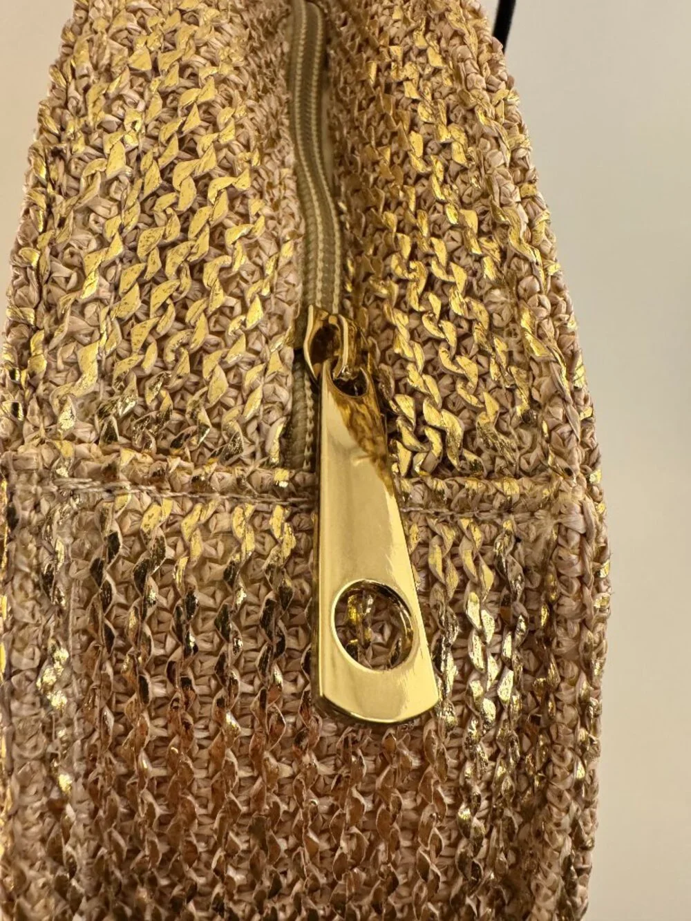 Express Gold Metallic Woven Straw Round Bag Black Tassel